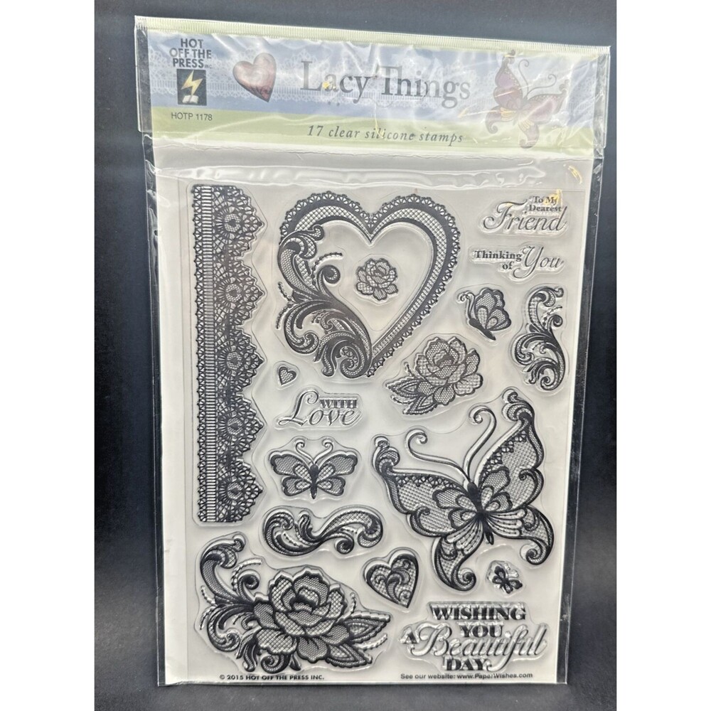 Hot Off The Press Clear NEW Stamps Lacy Things 1178 butterfly heart vintage lace